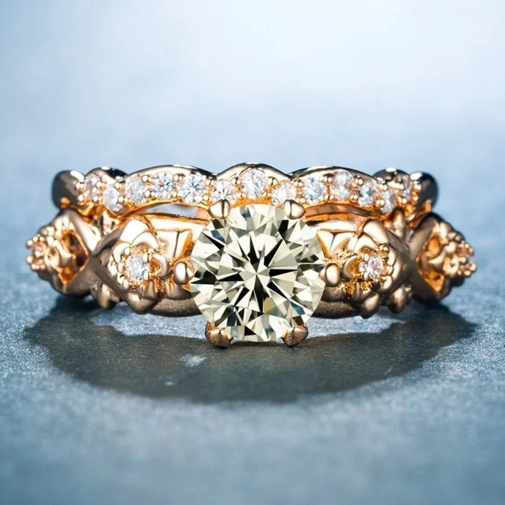 🍁 14k Gold Plated Olive Green CZ Wedding Ring for Women, FB16FA1126